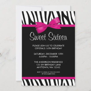 Invitation Fête d'anniversaire Zebra Hot Pink Bow Sweet 16