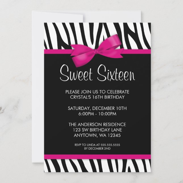 Invitation Fête d'anniversaire Zebra Hot Pink Bow Sweet 16 (Devant)