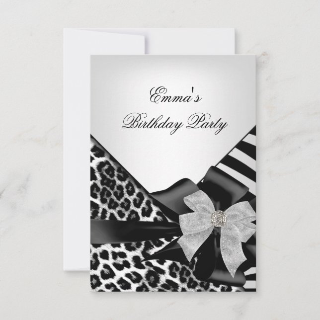 Invitation Fête d'anniversaire Zebra Leopard Elégant noir bla (Devant)
