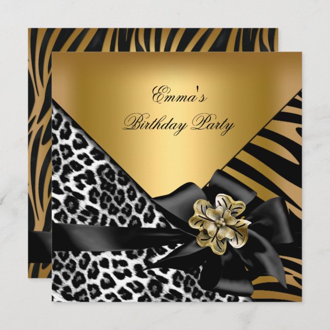 Invitation Fête d'anniversaire Zebra Leopard Gold Elegant (Devant / Derrière)