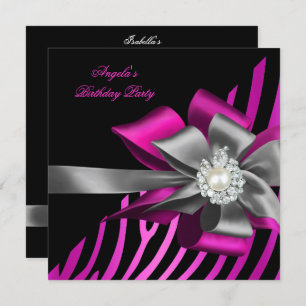 Invitation Fête d'anniversaire Zebra Pink Black Silver Bow