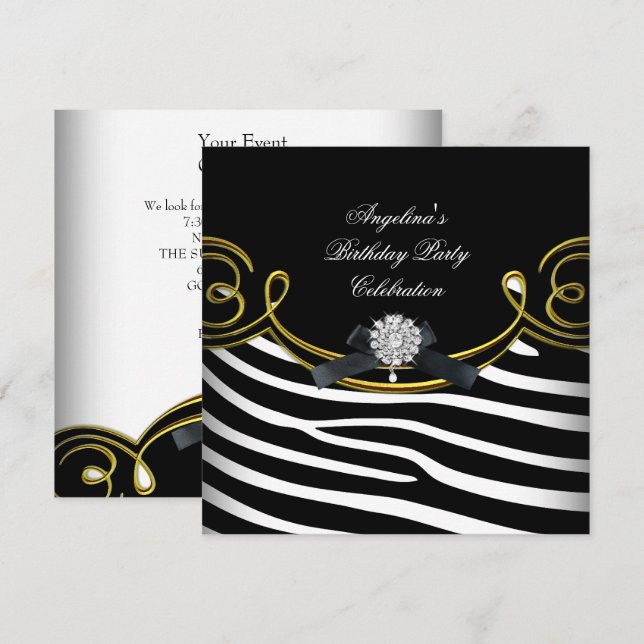 Invitation Fête d'anniversaire Zèbre Animal Noir Blanc Or (Devant / Derrière)