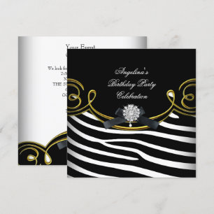 Invitation Fête d'anniversaire Zèbre Animal Noir Blanc Or