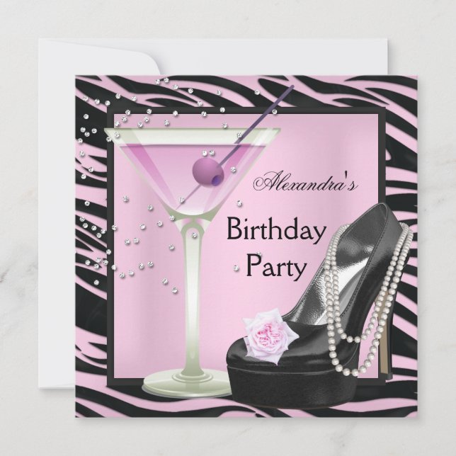 Invitation Fête d'anniversaire Zèbre Chaussures Roses Noires (Devant)