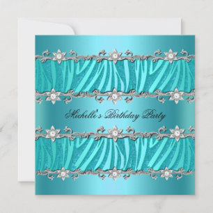 Invitation Fête d'anniversaire Zèbre Diamant Turquoise Sauvag