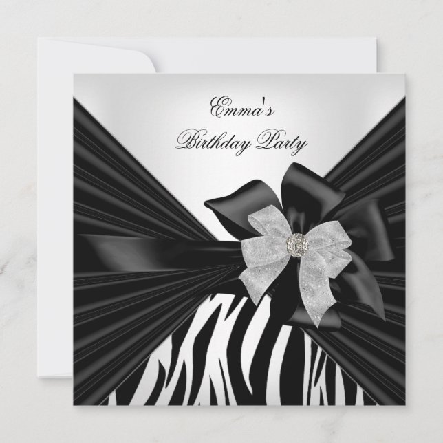 Invitation Fête d'anniversaire Zèbre Élégant Noir blanc (Devant)