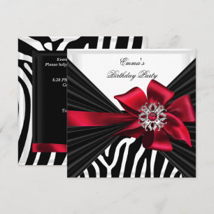Invitation Fête d'anniversaire Zèbre Élégant Rouge Noir Blanc