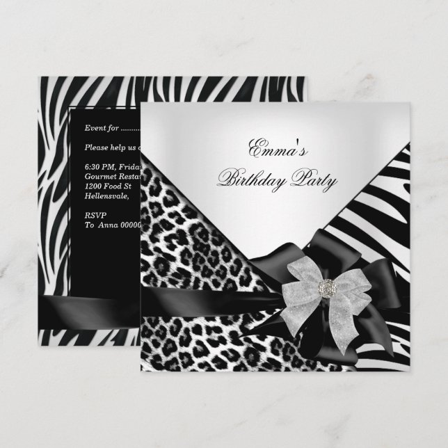 Invitation Fête d'anniversaire Zèbre Léopard Élégant Noir bla (Devant / Derrière)