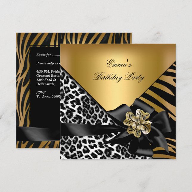 Invitation Fête d'anniversaire Zèbre Léopard Or Élégant (Devant / Derrière)