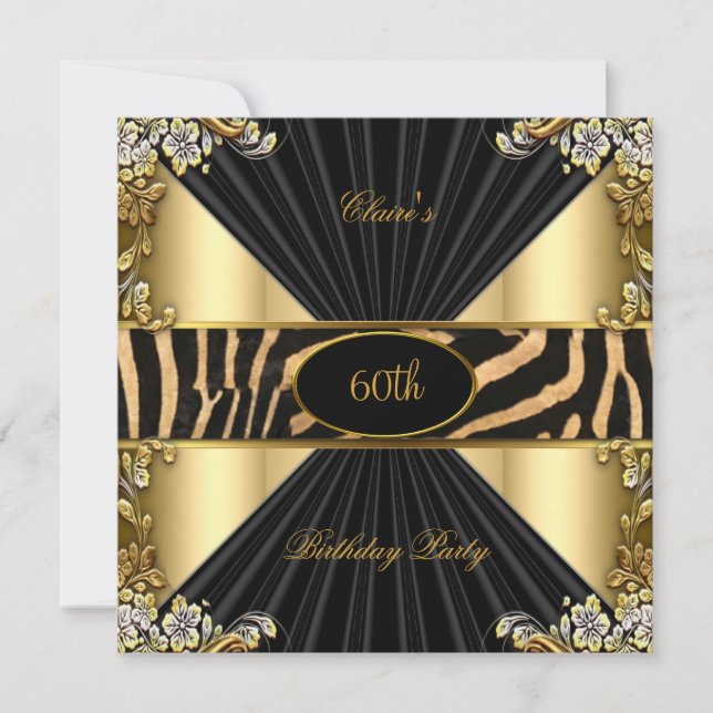 Invitation Fête d'anniversaire Zèbre Or Crème Léopard Noir (Devant)
