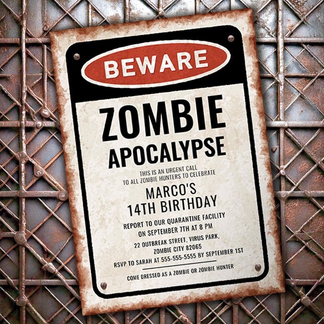 Invitation Fête d'anniversaire zombie avec pancarte AVERTISSE (Créateur téléchargé)