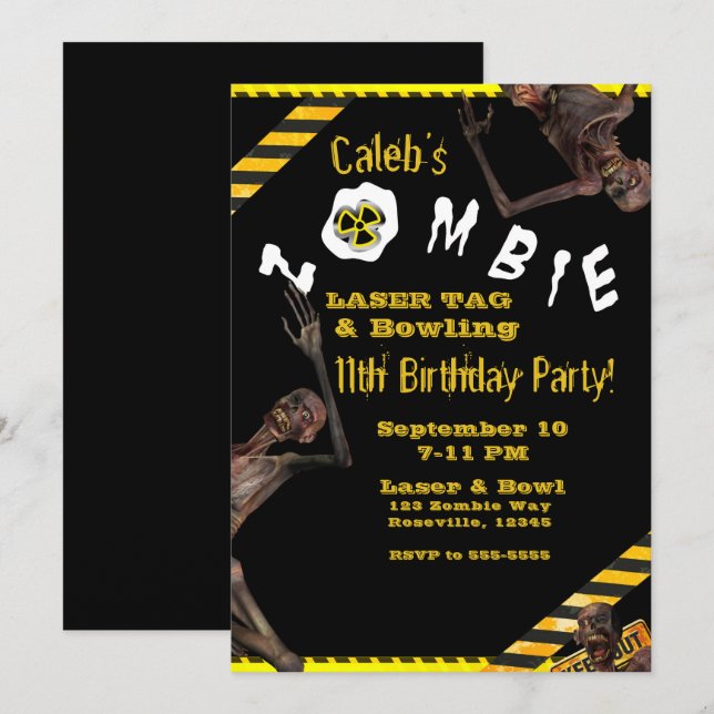 Invitation Fête d'anniversaire Zombies Jaune & Noir (Devant / Derrière)