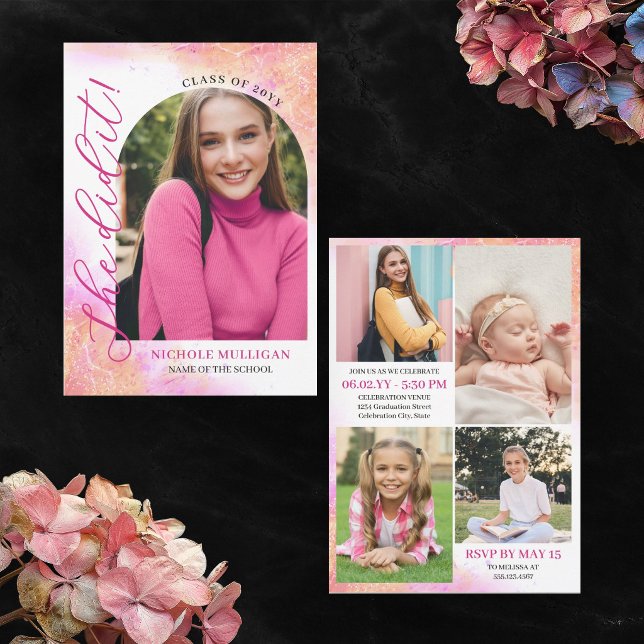 Invitation Fête d'annonce de remise de diplôme Rose Elle l'a  (Créateur téléchargé)