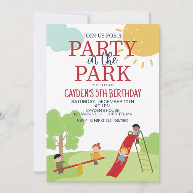 Invitation Fête dans le parc de jeux d'anniversaire (Devant)