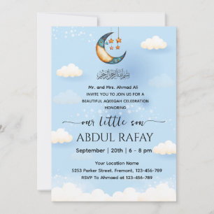 Invitation Fête d'Aqeeqah islamique pour bébé garçon sous la