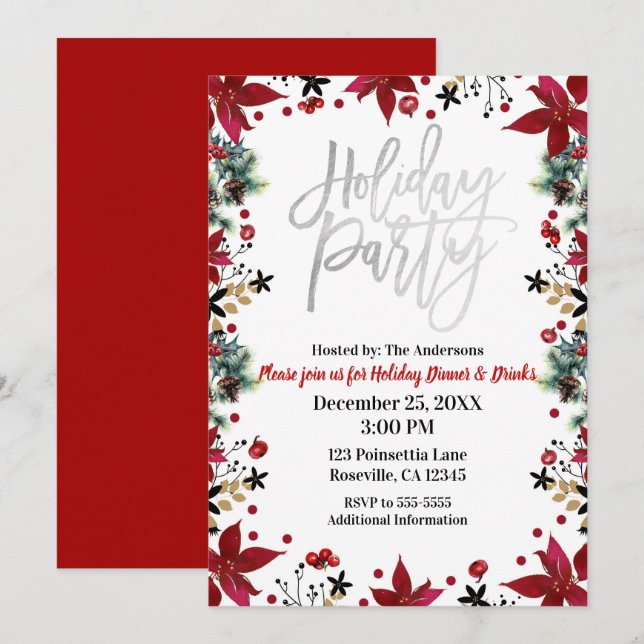 Invitation Fête d'argent Fleur de Noël Poinsettia Floral de N (Devant / Derrière)