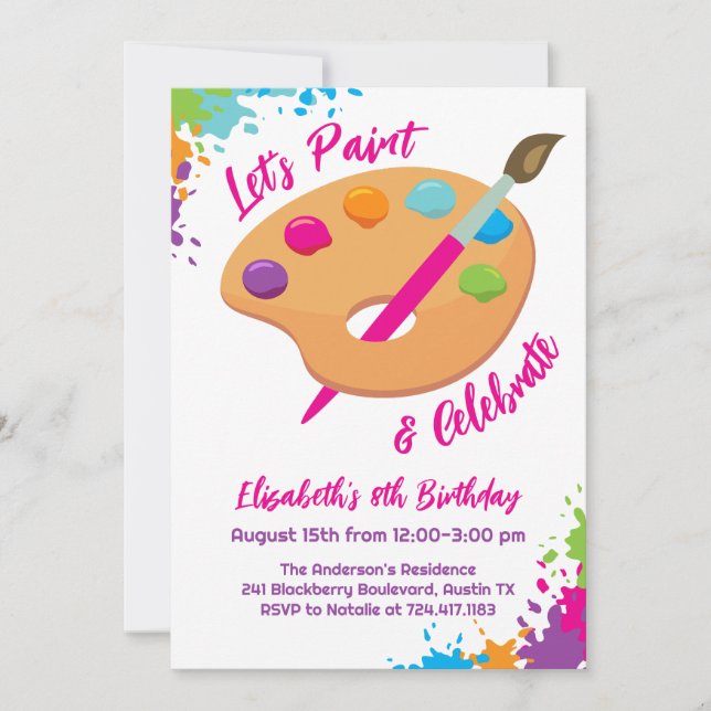 Invitation Fête d'art artisanat peinture fille anniversaire (Devant)