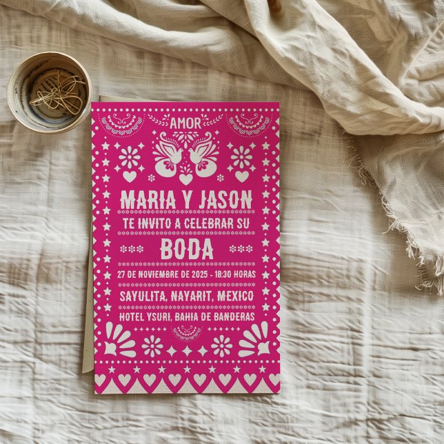 Invitation Fête d'art populaire en papier découpé rose mariag (Pink Papel Picado Fiesta Folk Art Spanish Wedding Invitation)