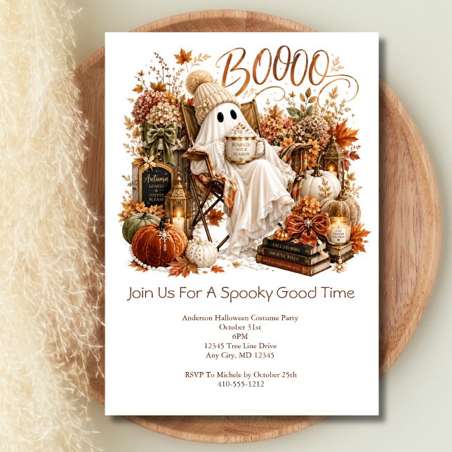Invitation Fête d'automne Halloween de fantôme  (Cute Ghost Halloween Party invitation for adults or kids. Printed or Digital versions)