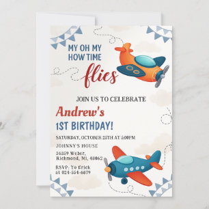 Invitation Fête d'avion pour garçon individuel 1 anniversaire