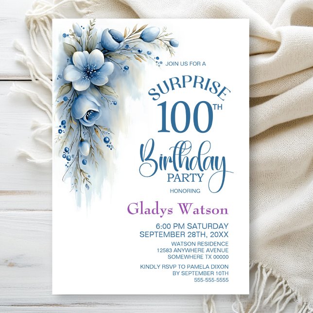 Invitation Fête de 100 ans surprise aux fleurs bleues (Créateur téléchargé)