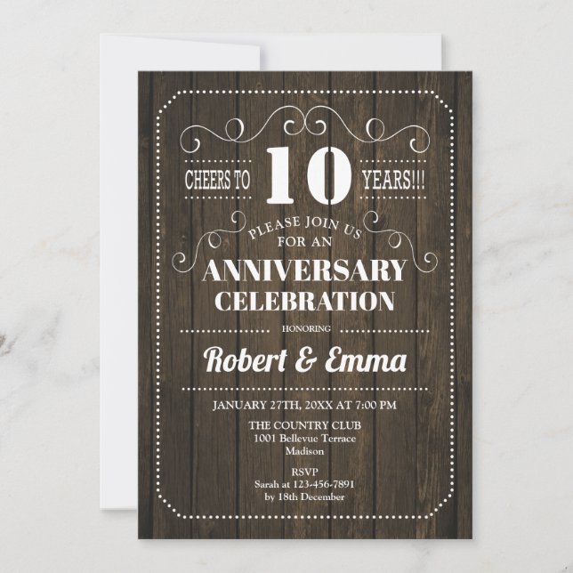 Invitation Fête de 10e anniversaire de mariage en bois rustiq (Devant)