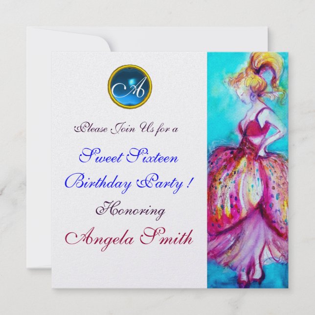 INVITATION FÊTE DE 16 ANS DE JEUNE FILLE CAPRICIEUSE GEMME MO (Devant)