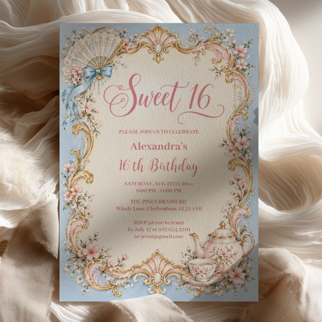 Invitation Fête de 16 ans douce Rococo Bleue (Créateur téléchargé)