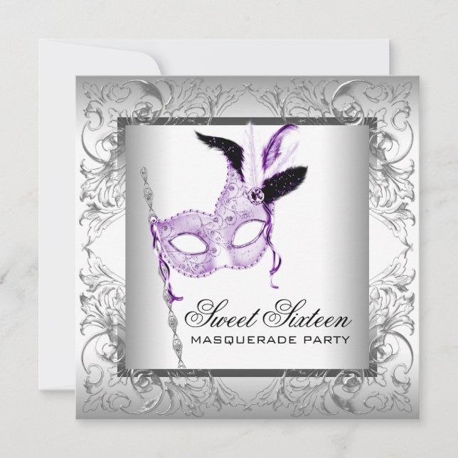 Invitation Fête de 16 ans masquée Lavande Argent Douce (Devant)