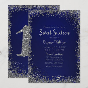 Invitation Fête de 16 ans pailletée bleu royal et argent glam