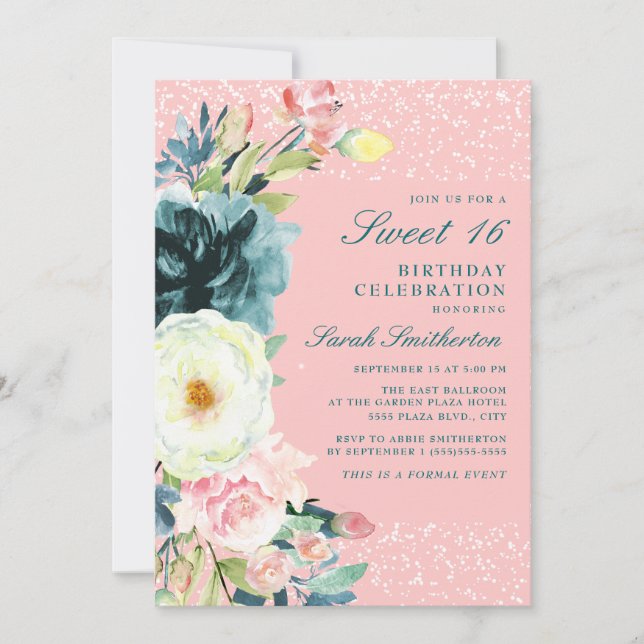 Invitation Fête de 16 ans Rose T sarcelle Crème Floral (Devant)