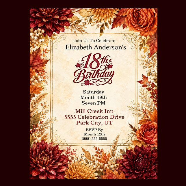 Invitation Fête de 18 ans Luxueuse d'Automne (Luxury Autumn 18th Birthday Invitation For Women.)