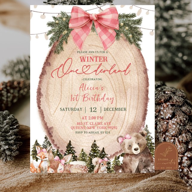 Invitation Fête de 1 an Coquette Rose Forêt Rustique d'Hiver  (Créateur téléchargé)