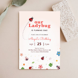 Invitation Fête de 1 an Fantaisiste Fleurie Mignonne Coccinel