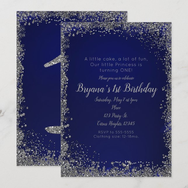 Invitation Fête de 1er anniversaire bleu royal pailleté argen (Devant / Derrière)