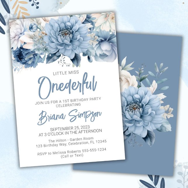 Invitation Fête de 1er anniversaire Dusty Blue Floral (Créateur téléchargé)