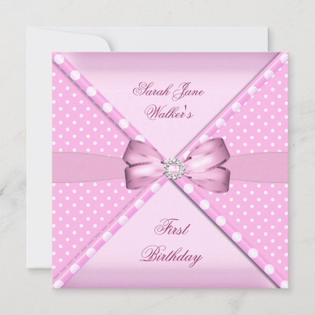 Invitation Fête de 1er anniversaire Fille Rose Blanc pois (Devant)