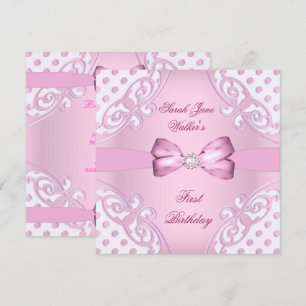 Invitation Fête de 1er anniversaire fille rose pois blanc