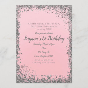 Invitation Fête de 1er Anniversaire Paillettes Argent Rose Fa