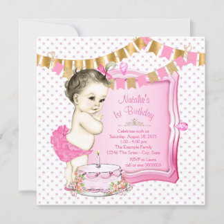 Invitation Fête de 1er anniversaire pour filles Rose et Or