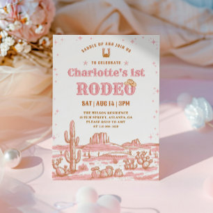 Invitation Fête de 1er Rodéo Fille Rose et Marron Vintage