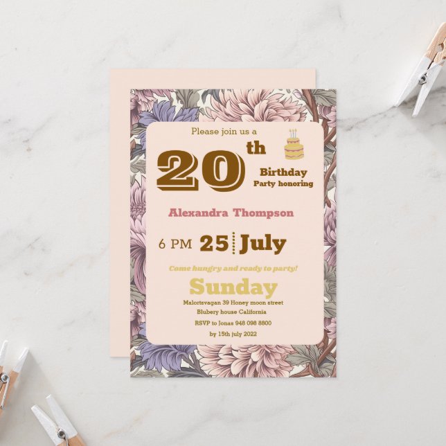 Invitation Fête de 20e anniversaire moderne rétro fleurie vio (Devant/Arrière en situation)