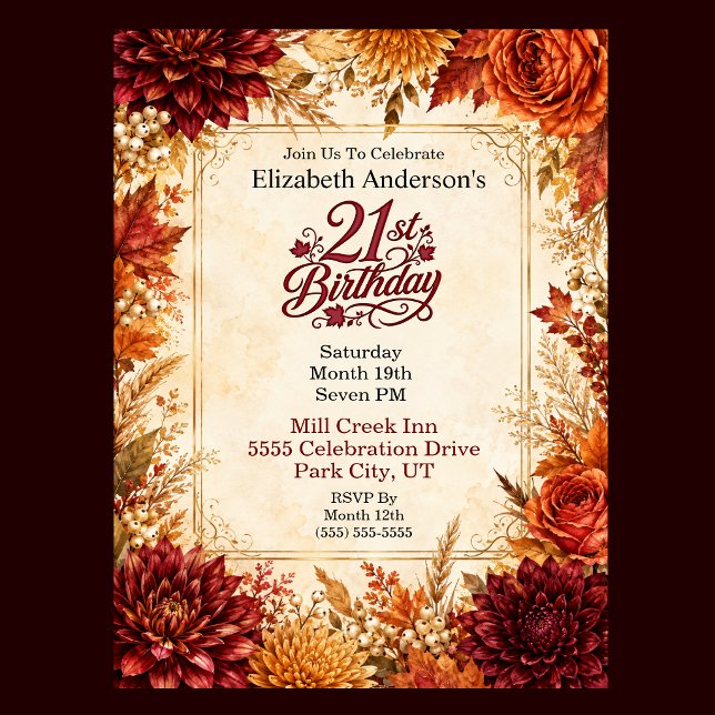 Invitation Fête de 21 ans Luxueuse d'Automne (Luxury Autumn 21st Birthday Invitation For Women. )