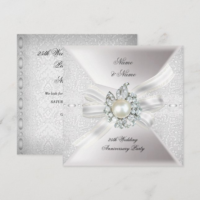 Invitation Fête de 25e anniversaire de mariage dentelle perle (Devant / Derrière)
