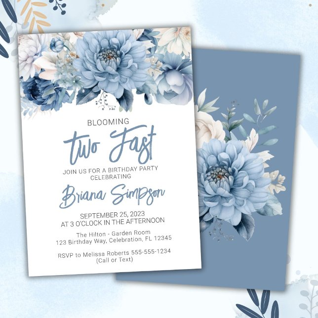 Invitation Fête de 2e anniversaire Dusty Blue Floral (Créateur téléchargé)
