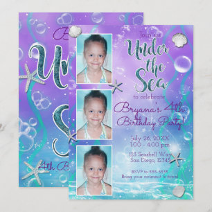 Invitation Fête de 3 photos enchantée sous la mer violet sarc