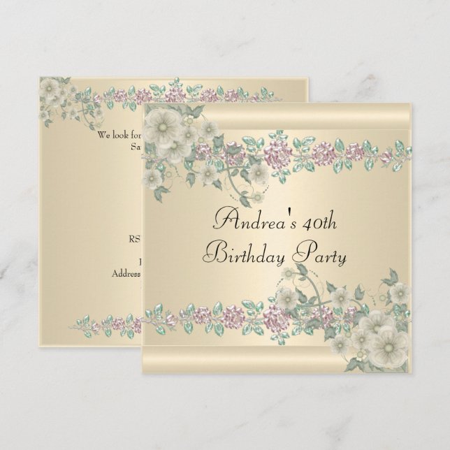 Invitation Fête de 40 ans Soft Pretty Cream Floral 2 (Devant / Derrière)