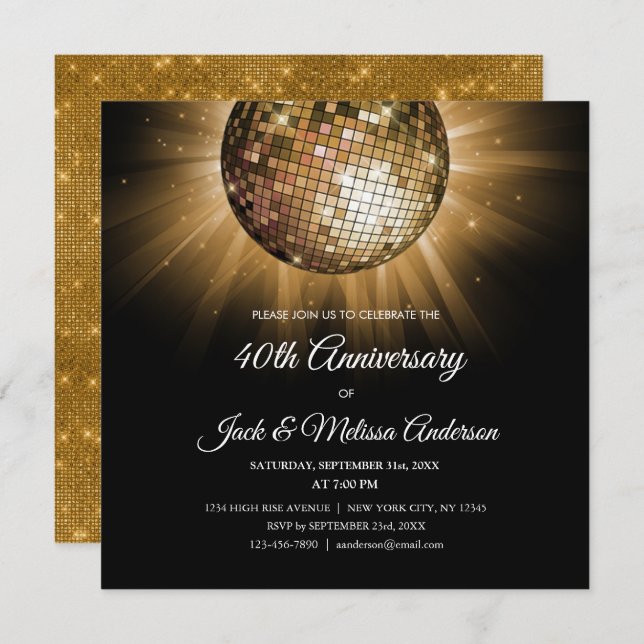 Invitation Fête de 40e anniversaire de mariage Boule disco or (Devant / Derrière)