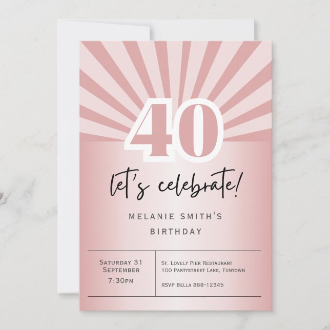 Invitation fête de 40e anniversaire, or rose rétro (Devant)