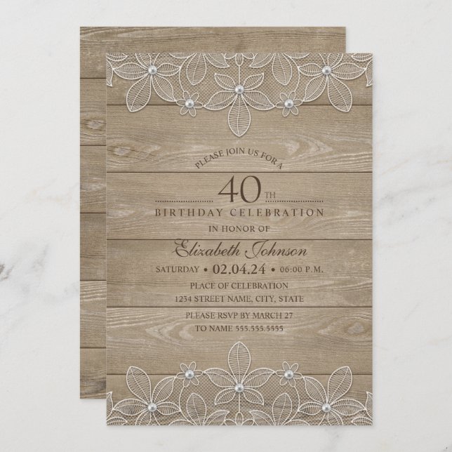 Invitation Fête de 40e anniversaire Rustic Wood Dentelle uniq (Devant / Derrière)
